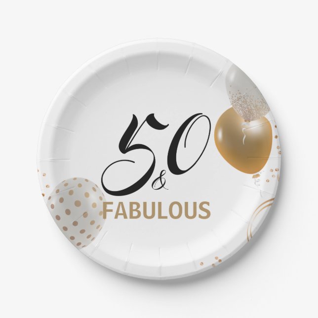 50 & Fabulous  Birthday Black Gold Party Balloons Paper Plates (Front)
