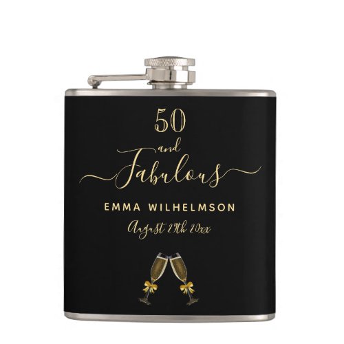 50 fabulous birthday black gold photo name flask
