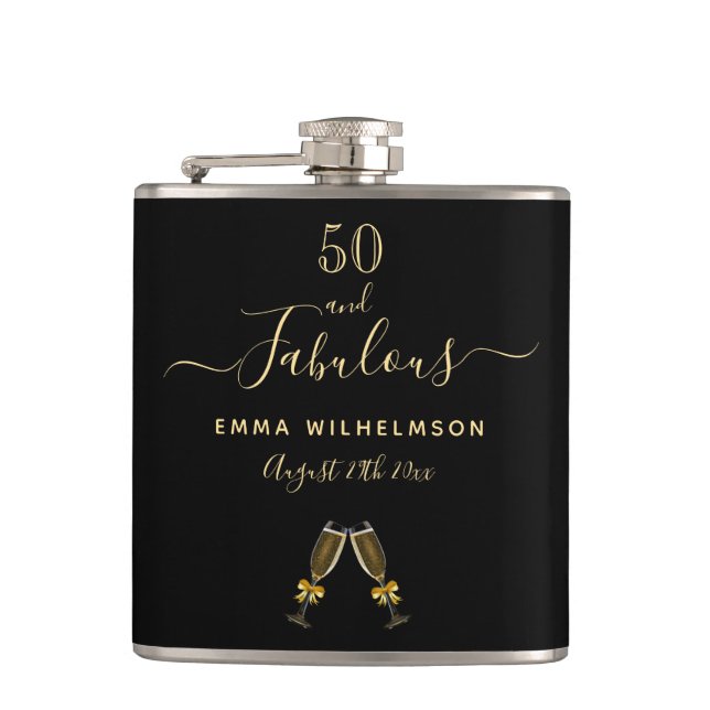 50 fabulous birthday black gold photo name flask (Front)