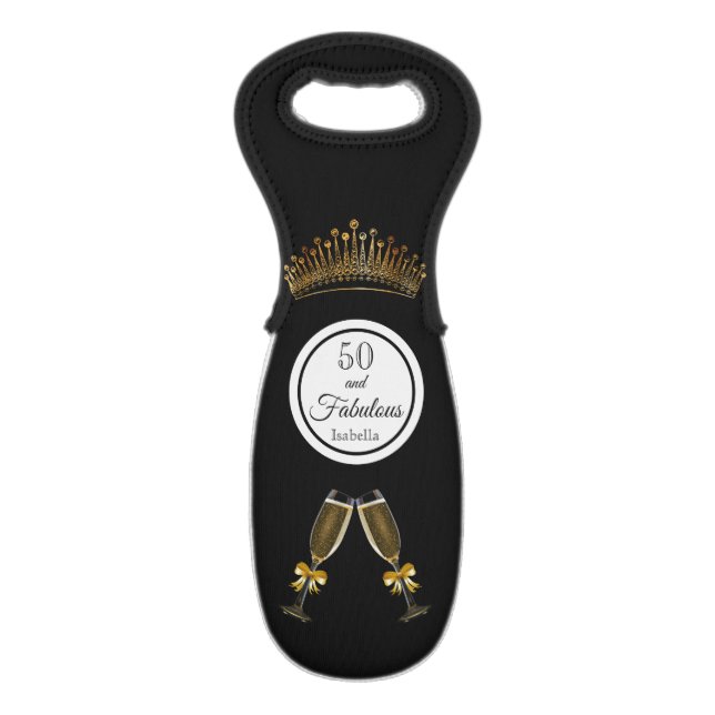 50 fabulous birthday black gold tiara name wine bag (Front Flat)