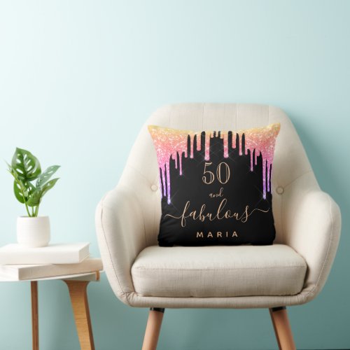 50 fabulous birthday black pink gold glitter drips throw pillow