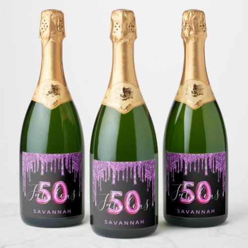 50 Fabulous birthday black purple glitter drips Sparkling Wine Label