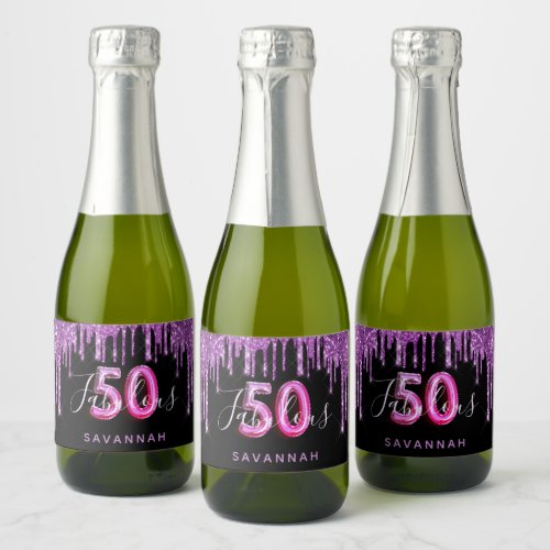 50 Fabulous birthday black purple glitter drips Sparkling Wine Label