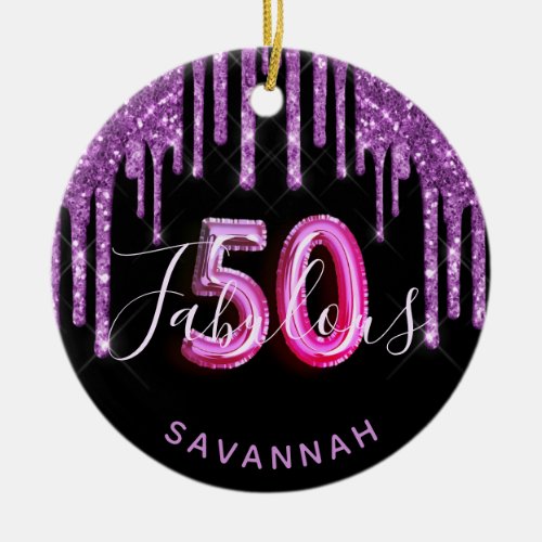 50 Fabulous birthday black purple glitter glam Ceramic Ornament