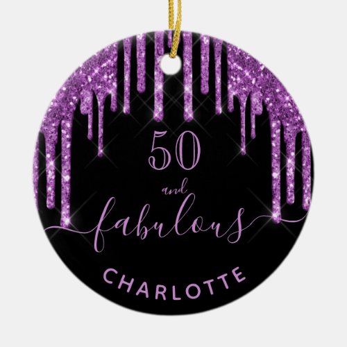 50 Fabulous birthday black purple glitter monogram Ceramic Ornament