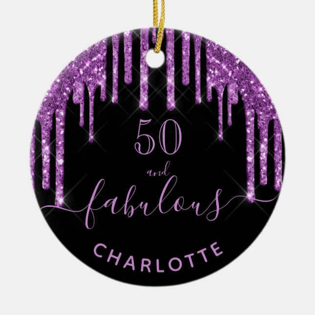 50 Fabulous birthday black purple glitter monogram Ceramic Ornament (Front)