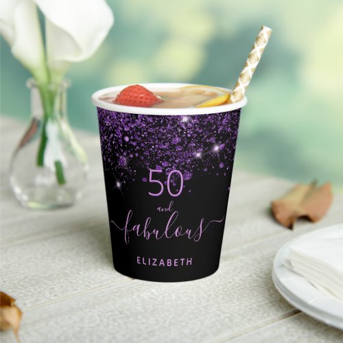50 fabulous birthday black purple glitter  paper cups