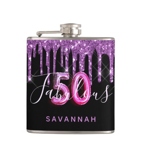 50 Fabulous birthday black purple glitter script Flask