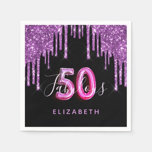 50 Fabulous birthday black purple glitter sparkle Napkins