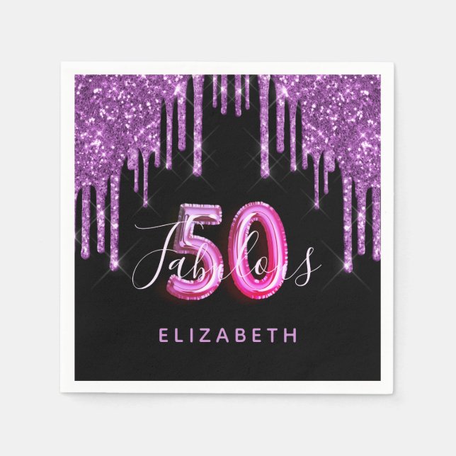 50 Fabulous birthday black purple glitter sparkle Napkins (Front)