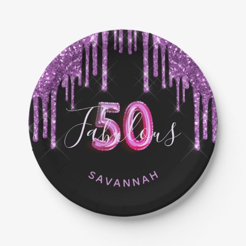 50 Fabulous birthday black purple glitter sparkle Paper Plates