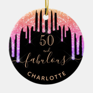 50 Fabulous birthday black rainbow glitter sparkle Ceramic Ornament