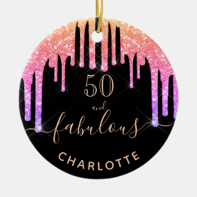 50 Fabulous birthday black rainbow glitter sparkle Ceramic Ornament (Front)