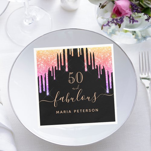 50 fabulous birthday black rainbow glitter sparkle napkins