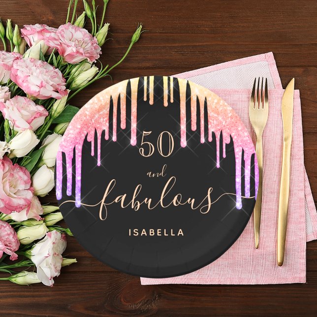50 fabulous birthday black rainbow glitter sparkle paper plates (Creator Uploaded)