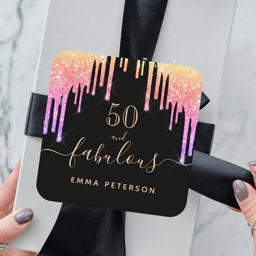 50 fabulous birthday black rainbow glitter sparkle square sticker