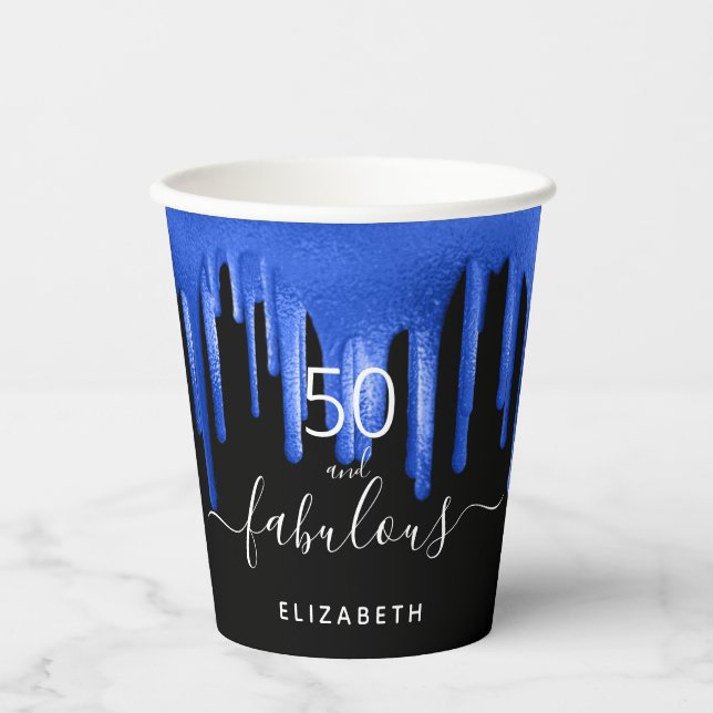 50 fabulous birthday black royal blue glitter drip paper cups (Front)
