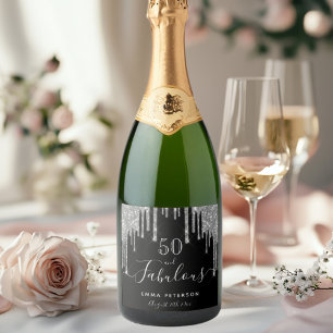 50 fabulous birthday black silver glitter drips sparkling wine label
