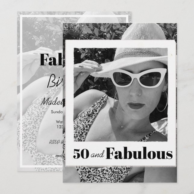 50 Fabulous Birthday Black White  Photo Frame Invitation (Front/Back)