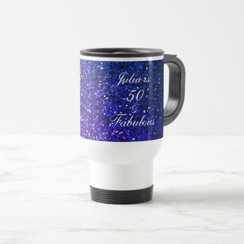 50 Fabulous Birthday Blue Glitter Gift Favor  Travel Mug
