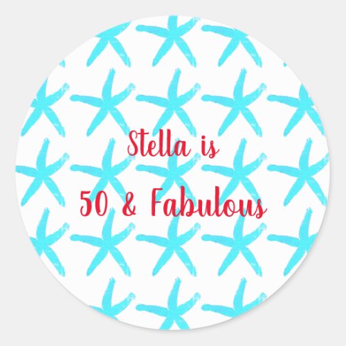 50  Fabulous Birthday Blue Starfish Patterns Cool Classic Round Sticker