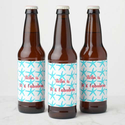 50  Fabulous Birthday Blue Starfish Patterns Cute Beer Bottle Label
