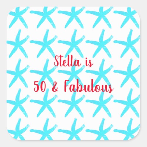 50  Fabulous Birthday Blue Starfish Patterns Cute Square Sticker