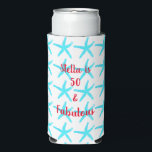 50 & Fabulous Birthday Blue Starfish Patterns Gift Seltzer Can Cooler<br><div class="desc">Designed for the 50 and fabulous birthday in teal blue & white background with starfish design! Personalize by editing the text template for name as you want.</div>