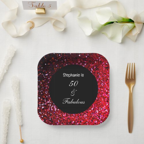 50 Fabulous Birthday Burgundy Glitter Pink Red Paper Plates