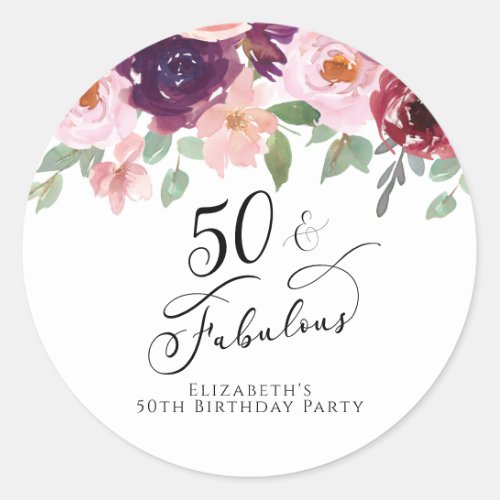 50 Fabulous Birthday Burgundy Pink Floral Classic Round Sticker
