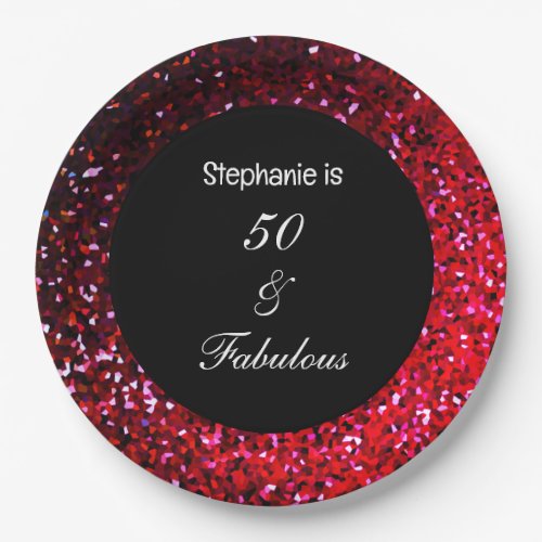 50 Fabulous Birthday Burgundy Pink Red Glitter Paper Plates