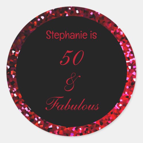 50 Fabulous Birthday Burgundy Red Pink Glitter Classic Round Sticker