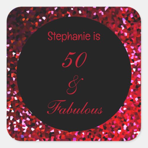 50 Fabulous Birthday Burgundy Red Pink Glitter Square Sticker