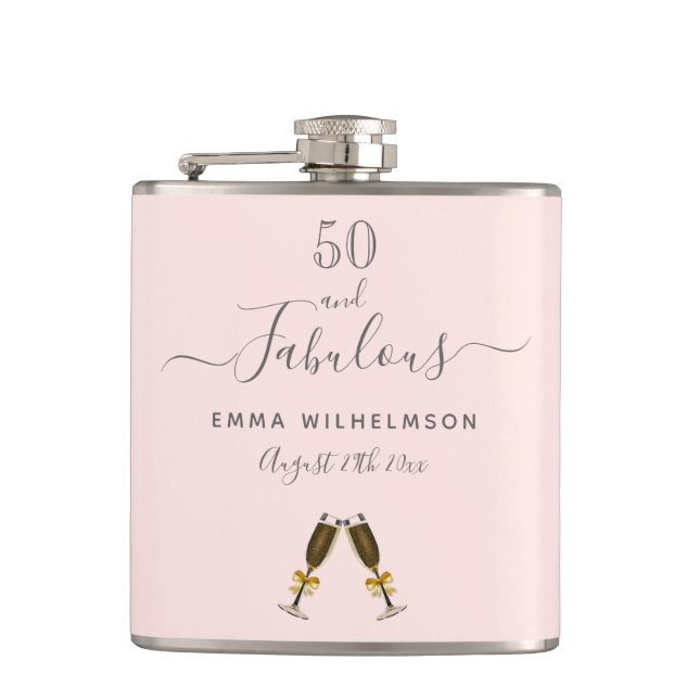 50 fabulous birthday custom photo rose gold pink flask (Front)