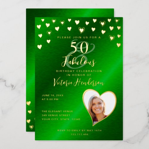 50  Fabulous Birthday Elegant Green  Gold Foil Invitation