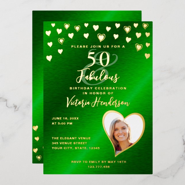 50 & Fabulous Birthday Elegant Green & Gold Foil Invitation (Front/Back)
