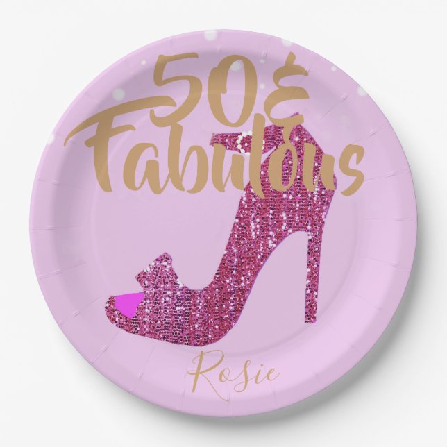50 &Fabulous Birthday Girly Sparkly Pink Gold Text Paper Plates (Front)