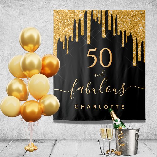 50 fabulous birthday glitter black gold sparkle tapestry