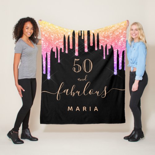 50 fabulous birthday glitter black rainbow sparkle fleece blanket