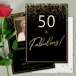 50 Fabulous Birthday Glitter Photo Black and Gold Foil Invitation