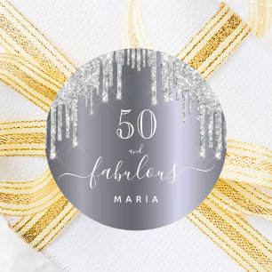 50 fabulous birthday glitter silver classic round sticker