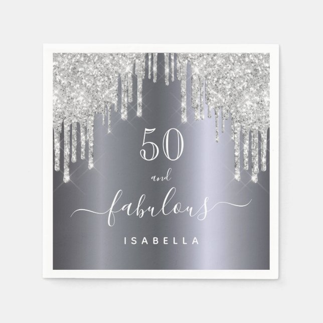 50 fabulous birthday glitter silver sparkle napkins (Front)
