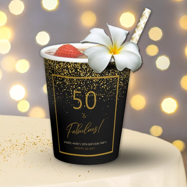 50 Fabulous Birthday Gold Black Glitter  Paper Cups (Creator Uploaded)