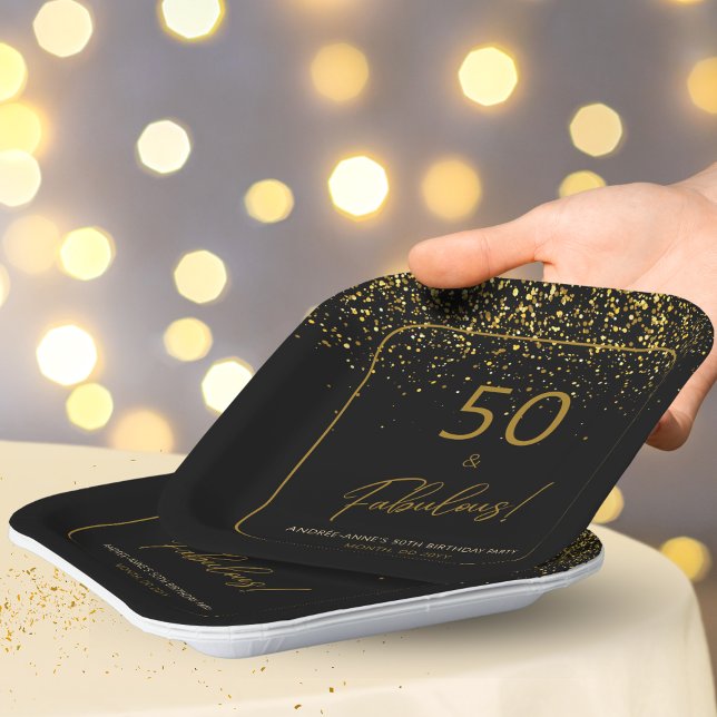 50 Fabulous Birthday Gold Black Glitter  Paper Plates (Creator Uploaded)