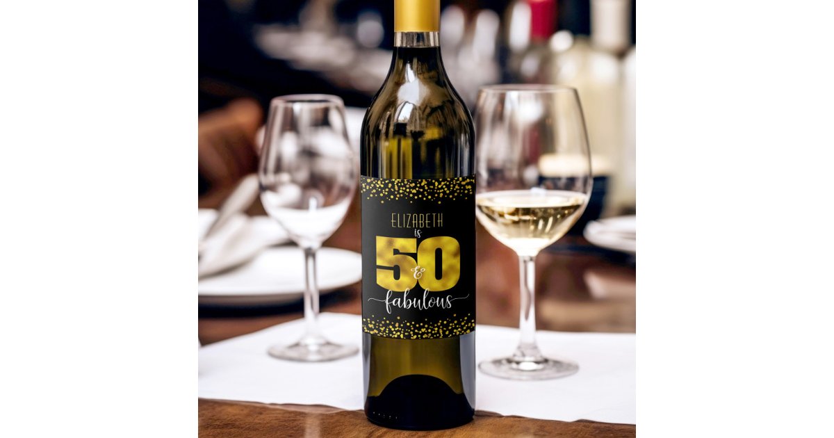 50 fabulous birthday gold foil dots on black glam wine label | Zazzle