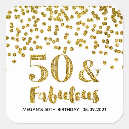 50  Fabulous Birthday Gold Glitter Confetti Square Sticker