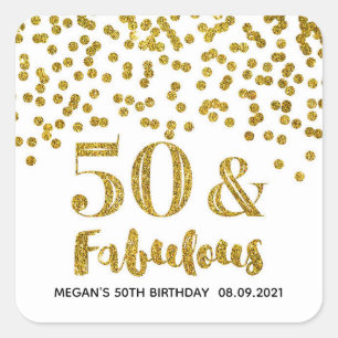 50 & Fabulous Birthday Gold Glitter Confetti Square Sticker