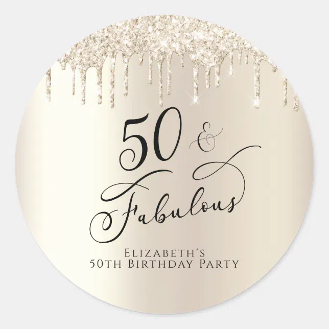 50 Fabulous Birthday Gold Glitter Personalized Classic Round Sticker ...