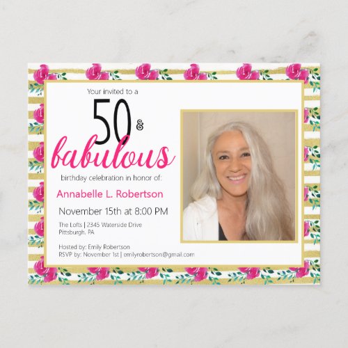 50  Fabulous Birthday Gold Pink Floral Invitation Postcard