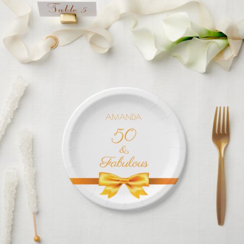 50 fabulous birthday gold white name bow paper plates